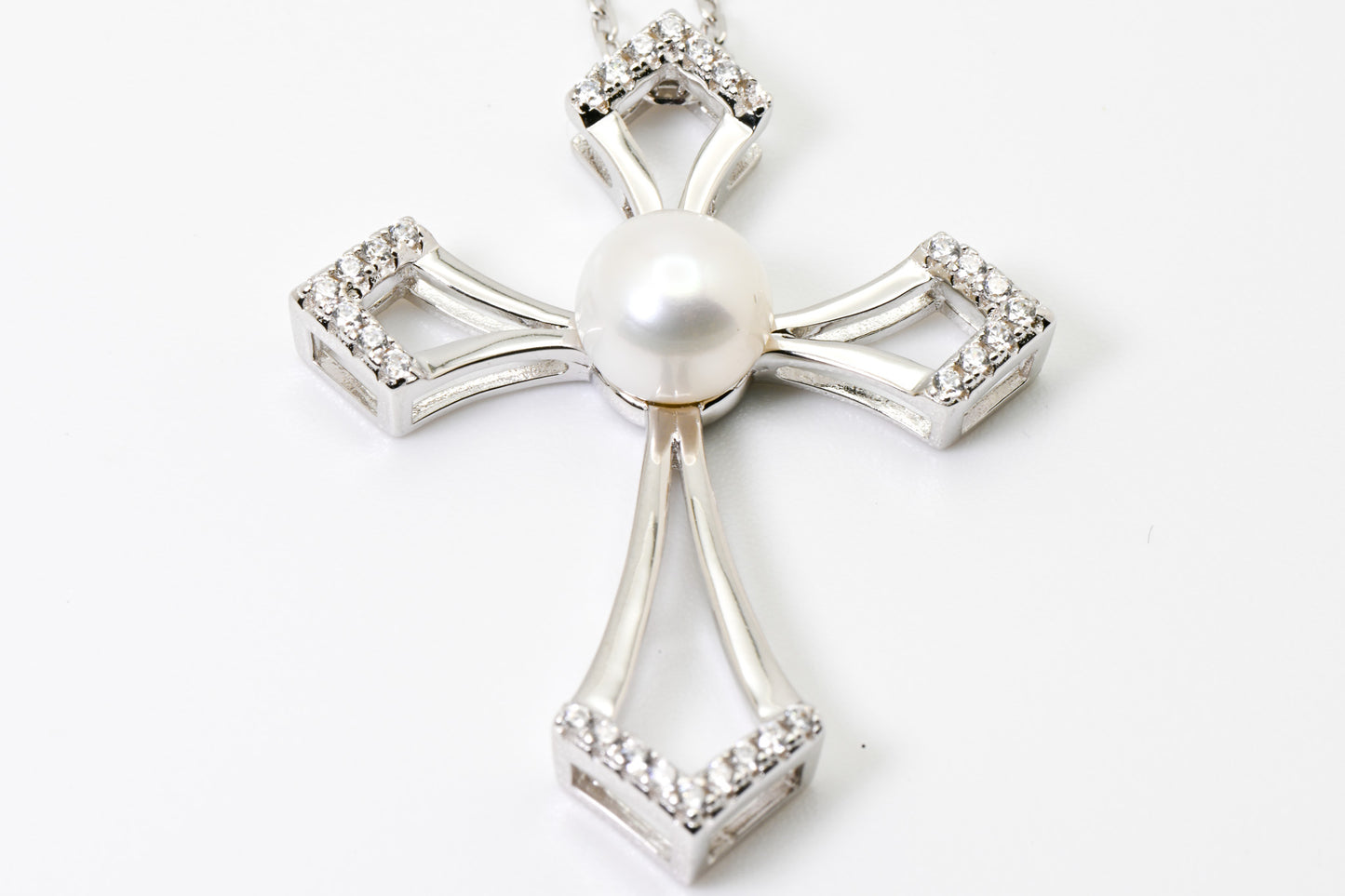 Freshwater Pearl, Cross Necklace, S930 Silver, Christian Necklace, For Baptism, First Communion, Mother's Day and Christmas Jewelry Gifts