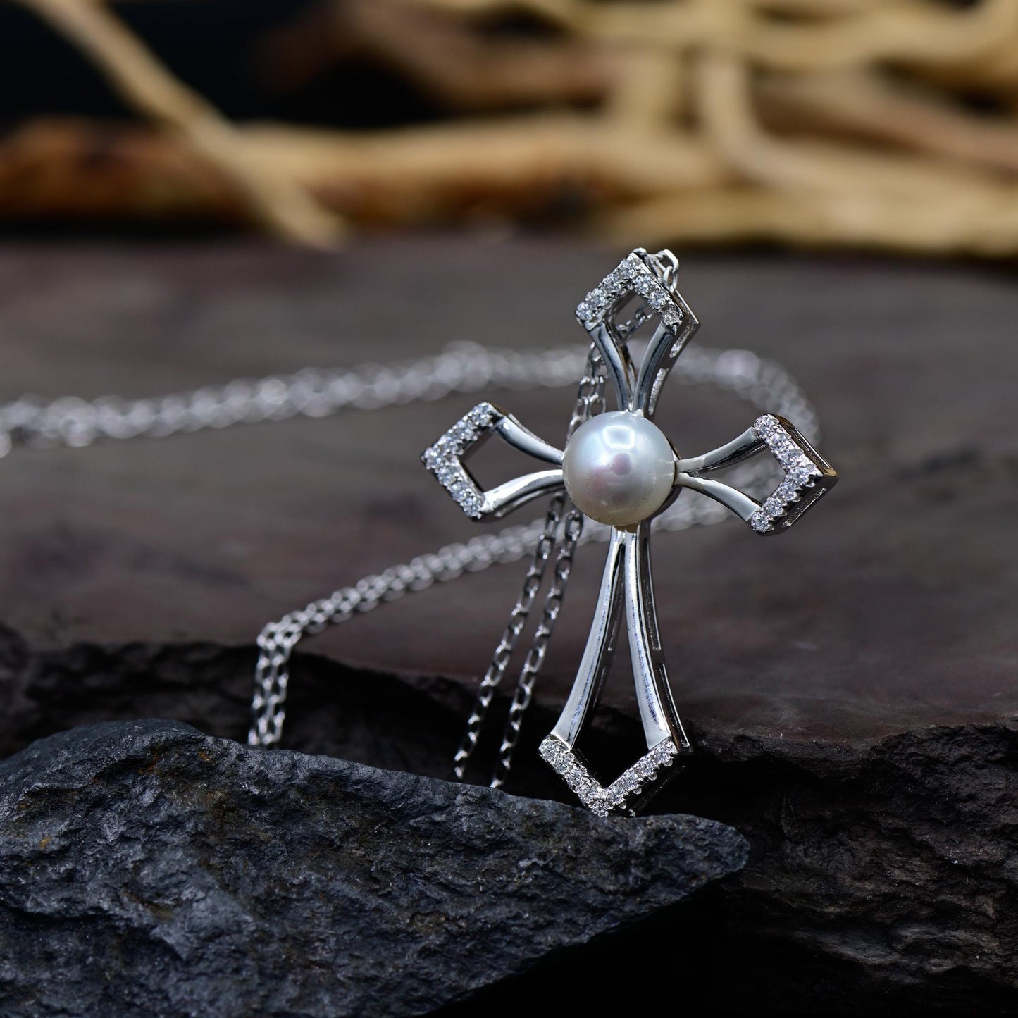 Freshwater Pearl, Cross Necklace, S930 Silver, Christian Necklace, For Baptism, First Communion, Mother's Day and Christmas Jewelry Gifts