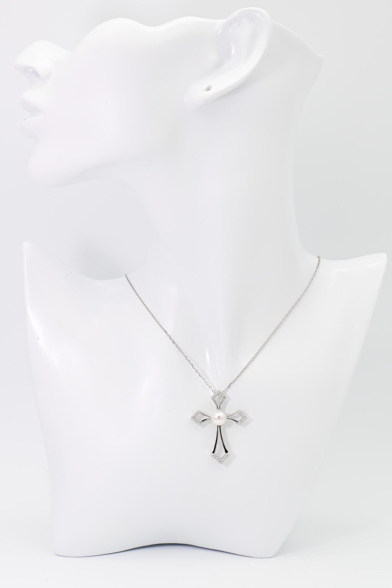 Freshwater Pearl, Cross Necklace, S930 Silver, Christian Necklace, For Baptism, First Communion, Mother's Day and Christmas Jewelry Gifts