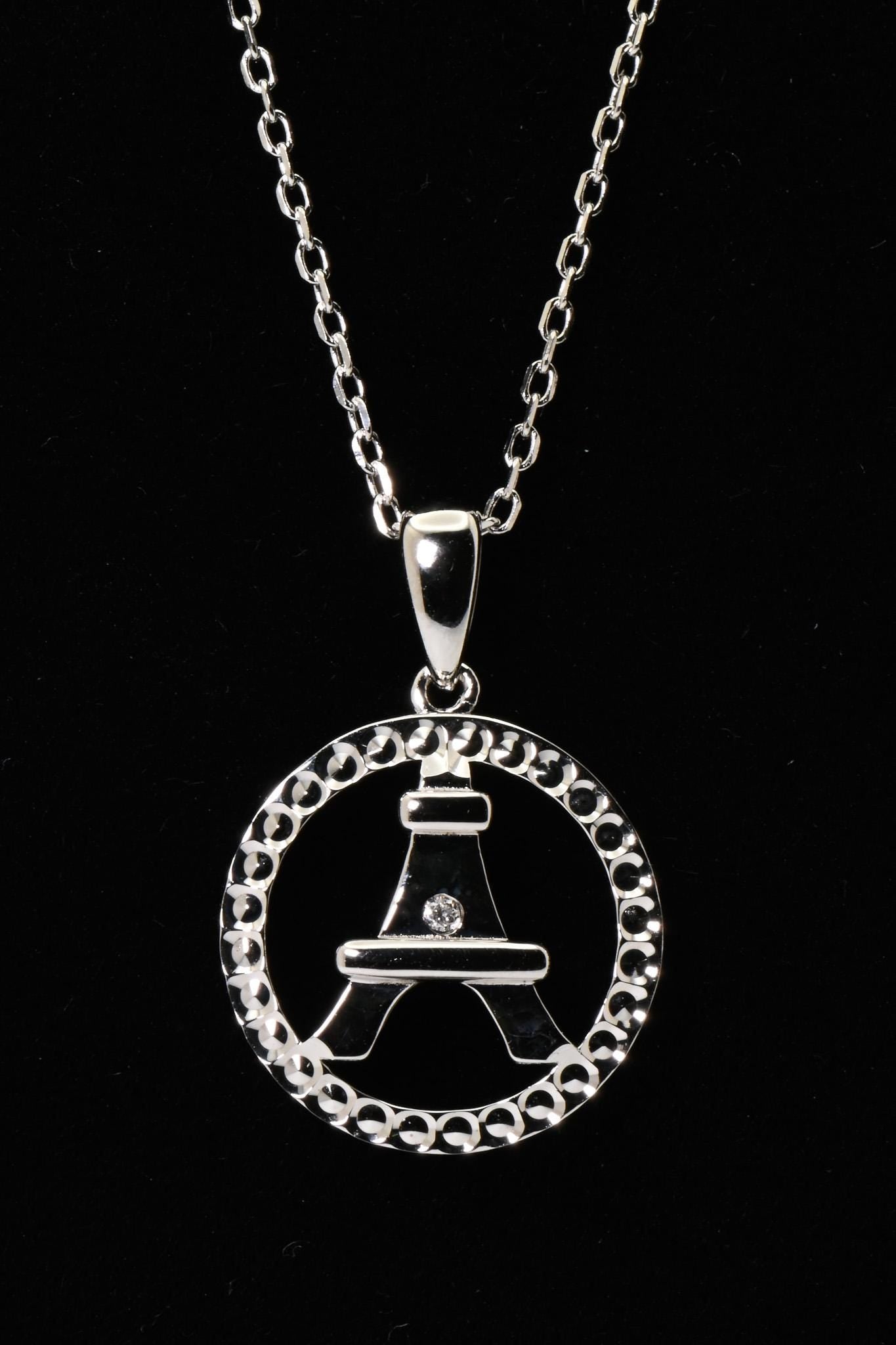 Paris Lovers, Tower, Letter A, Diamond, Color D, VVS, 925 Silver, Necklace Pendant, Birthday, Anniversary, Christmas Gift, Jewelry for her.