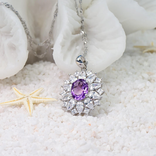 Natural Amethyst Sunflower Pendant, Purple Crystal Color, S925 Sterling Silver, Birthday, Mother’s Day, Anniversary, Christmas Gift for her